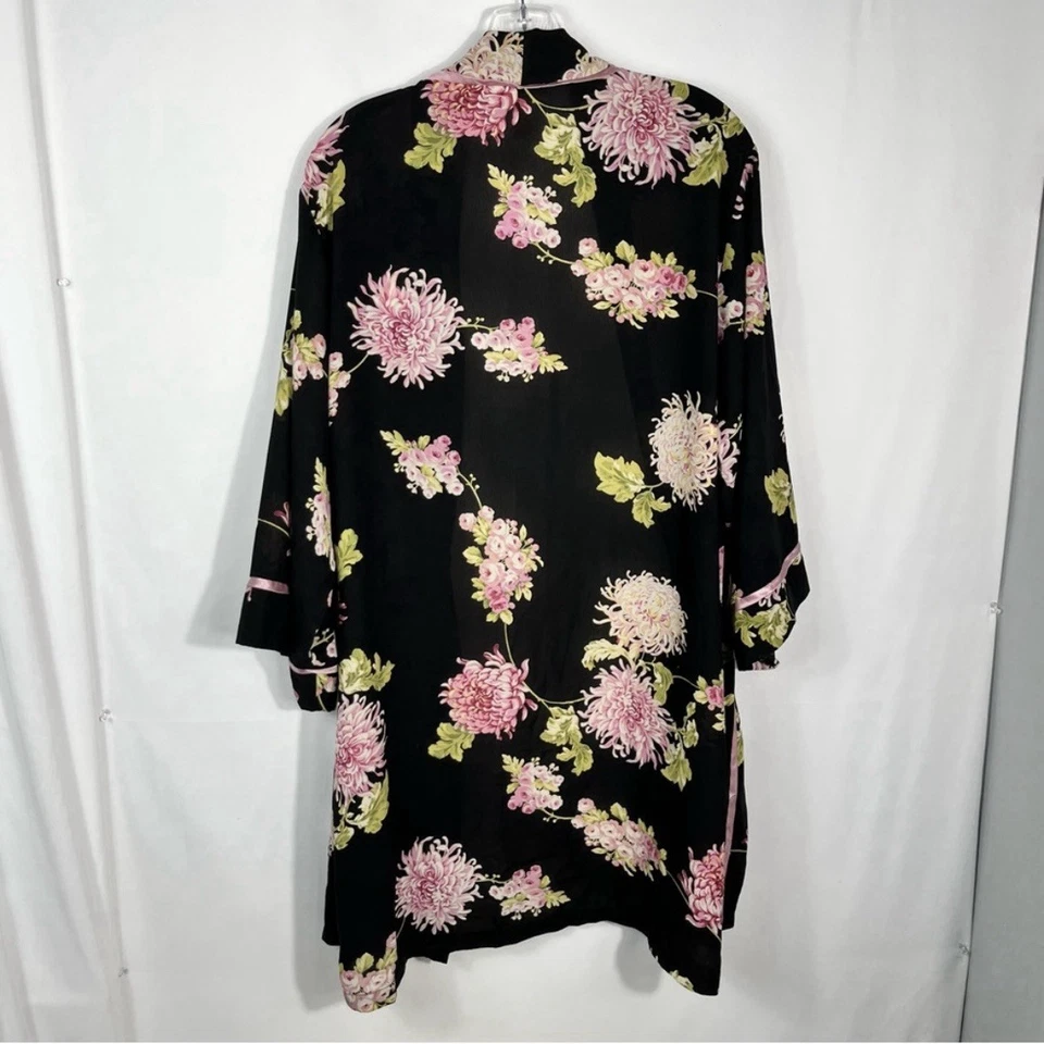 Oscar De La Renta Rosa Etiqueta Vintage Y2K Negro Floral Sedoso Corbata Kimono Bata M Foto 4 de 4