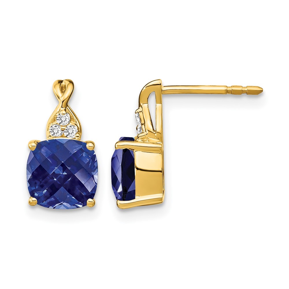 14k Yellow Gold Cushion Lab Created Sapphire and Diamond Drop & Dangle Earrings
