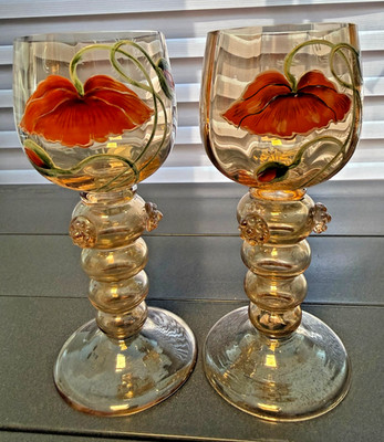 2 Antike Jugendstil Weinrömer Theresienthal - Mohnblume Emaillemalerei um 1900