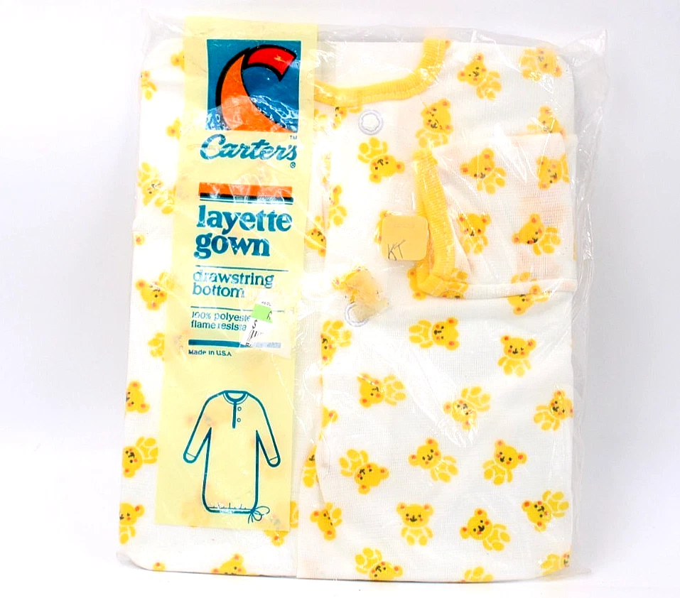 Vintage Carter's yellow teddy bear print gown 70's layette Made in USA New