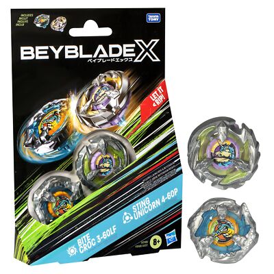 Beyblade X セット 多数のパーツ付き Beyblade X Dual Pack with Bite Croc and Sting Unicorn Spinning