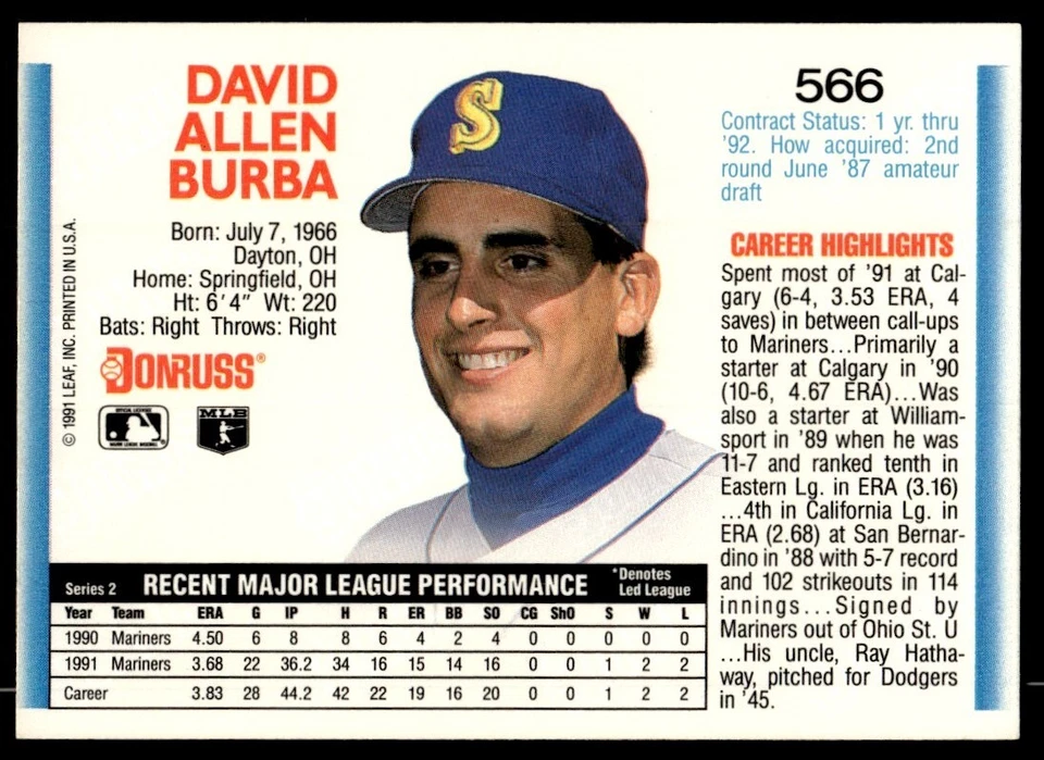 1992 Donruss David Burba Seattle Mariners #566 - Image 2 of 2