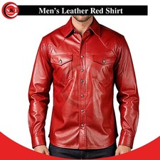 Men's Soft Red Lambskin Leather Slim Fit Full Sleeve Button up Classic Shirt
