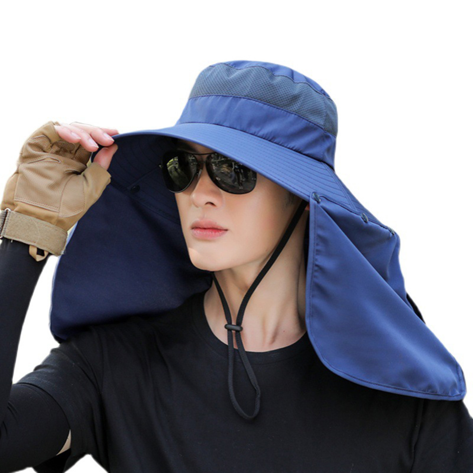 Mens Wide Brim Sun Hat With Neck Flap Result Fold Up Cap UV Ear