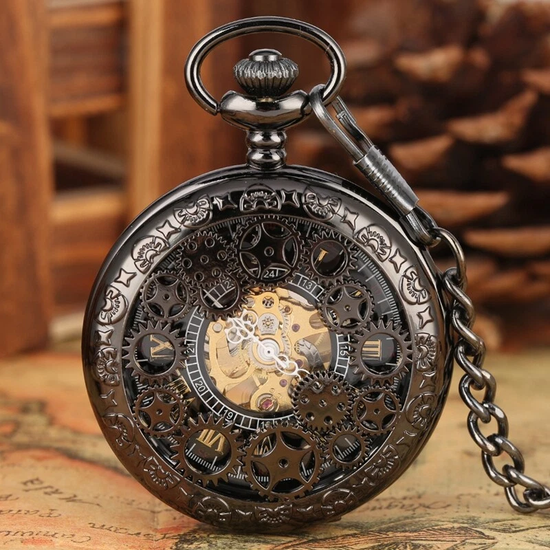 Gear Wheel Hollow Black Pocket Watch Mechanical Fob Watches Men