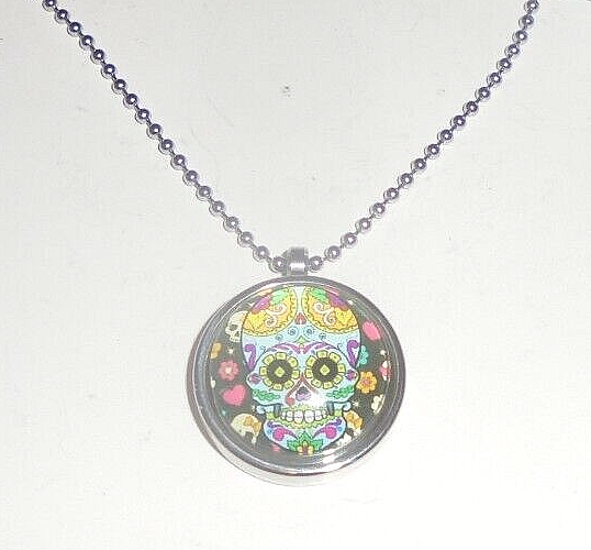 Sugar Skull Locket Glass Pendant Chain Charm Relic Memory Ash Urn