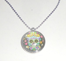 Sugar Skull Locket Glass Pendant Chain Charm Relic Memory Ash Urn Love Keepsake