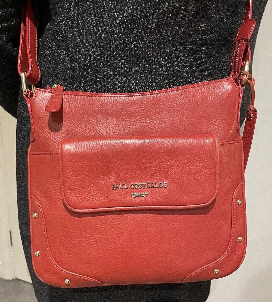 PAUL COSTELLOE GRAINED LEATHER-CROSS BODY BAG IN RED-NEW UK