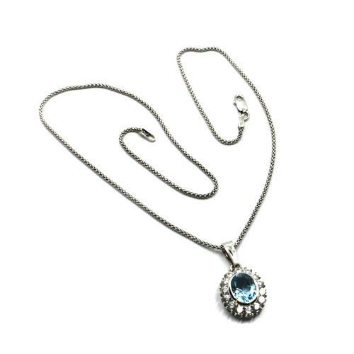 Halskette aus Weißgold 18K, Jersey Korb Mit Topas Blau Und Cubic Zirkonia Blume