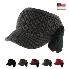 Faux Fur Earmuff Headband Warm Ski Crochet Knit Beanie Cap Brim Hat Winter Women