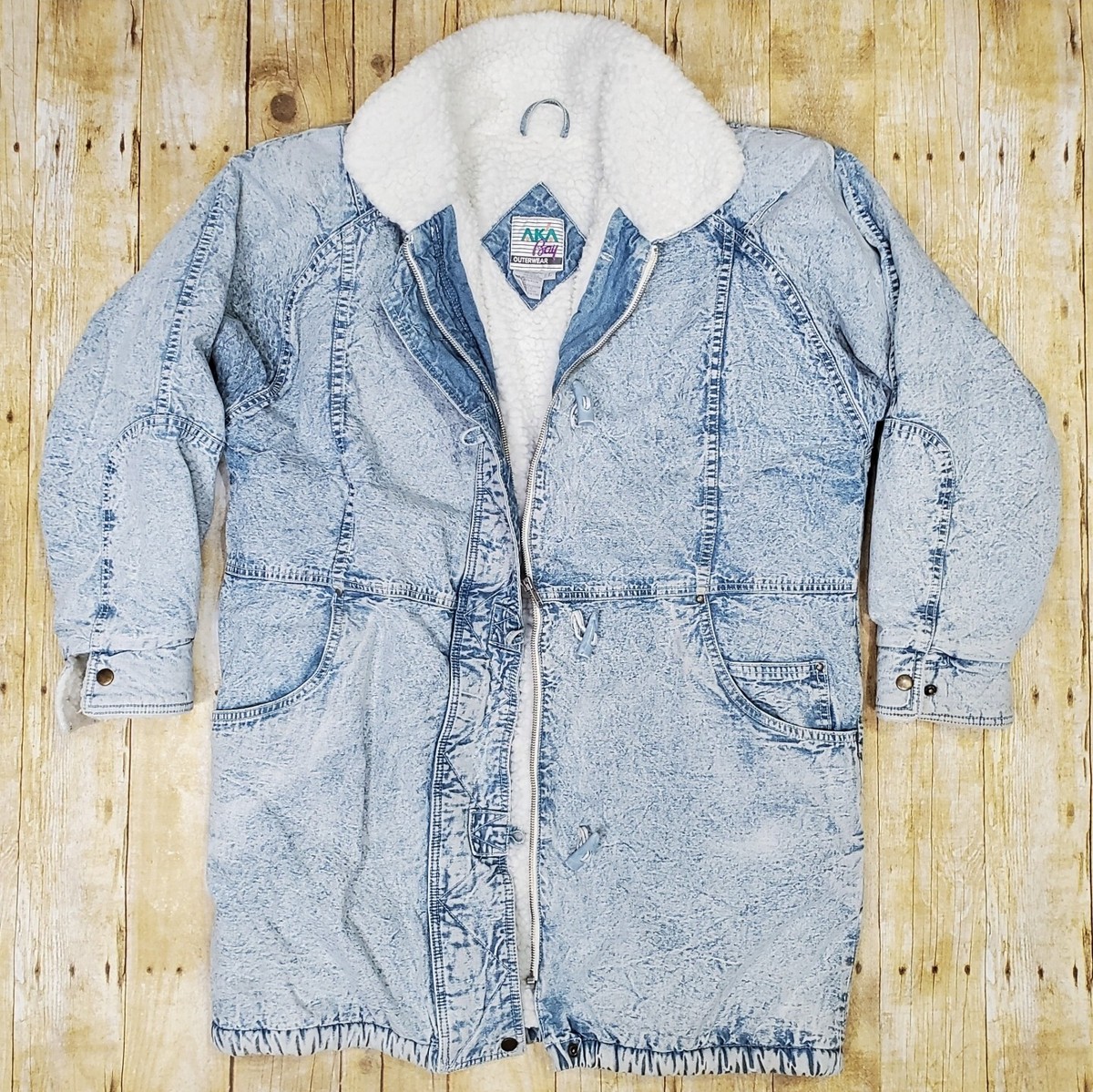 Vintage 90s AKA BAY Acid Wash Long Denim Sherpa Lined Jacket