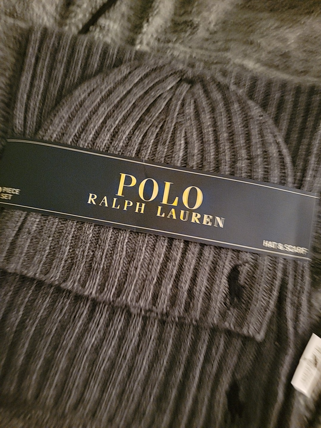 Polo Ralph Lauren sciarpa a costine + cappello berretto set misto lana pony nero antracite