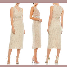 NWT Mac Duggal [ 8 ] 93606 Sleeveless Sequin Sheath Midi Dress in Nude #S476