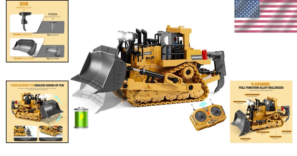 9-Channel Metal RC Bulldozer with Lights & Sounds - Image 2 of 4