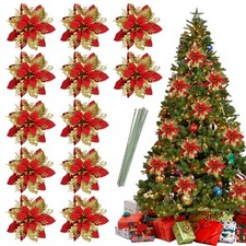 12 PCS Christmas Glitter Artificial Poinsettia Flowers, Christmas Flowers Dec...