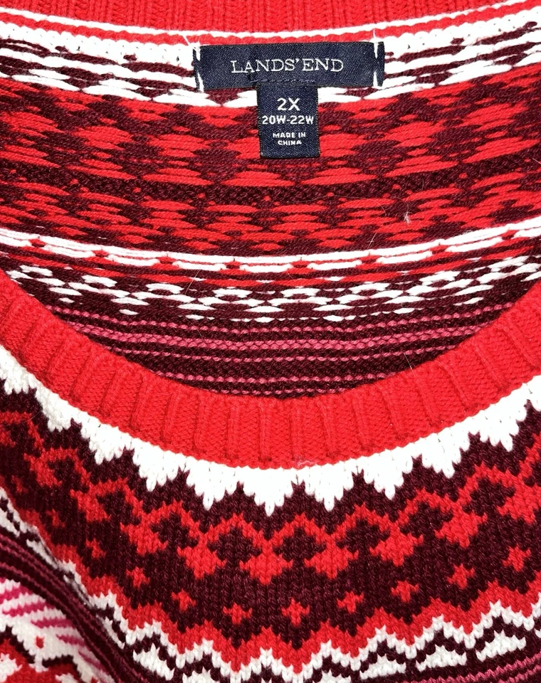 Suéter Lands' End Fair Isle Nordic Holiday Rojo Negro Cuello Redondo Talla 2X Foto 2 de 3