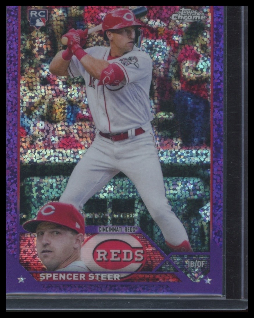2023 Topps Chrome #146 Spencer Steer Purple Speckle Refractors #/299