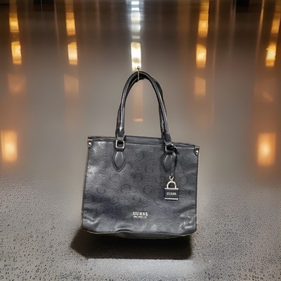 GUESS Black Logo Embossed Tote Medium Magnetic Closure Padlock Charm Silver