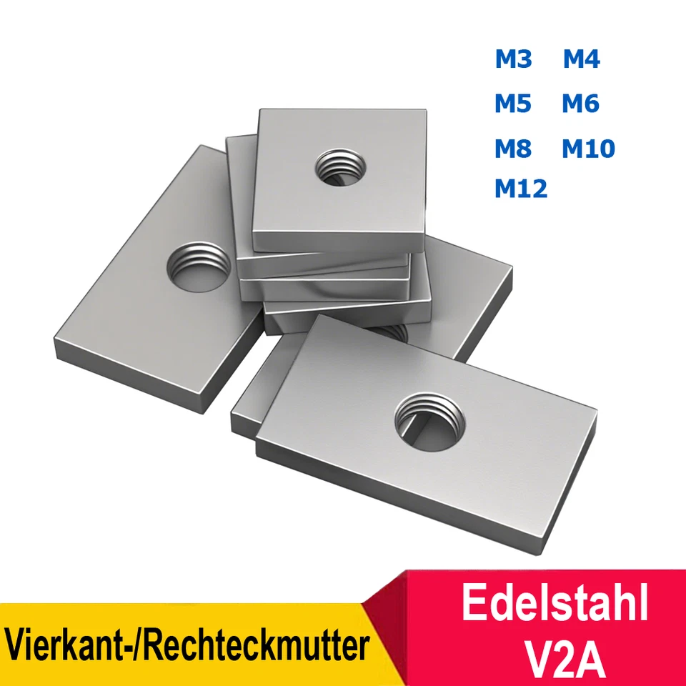 Vierkant-/Rechteckmutter Edelstahl V2A Gewindeplatte M3 M4 M5 M6, M8, M10, M12