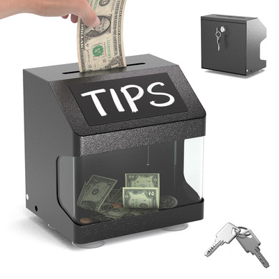 Metal Tip Box with Lock & Keys - Small Donation Box with Chalkboard Label, Black