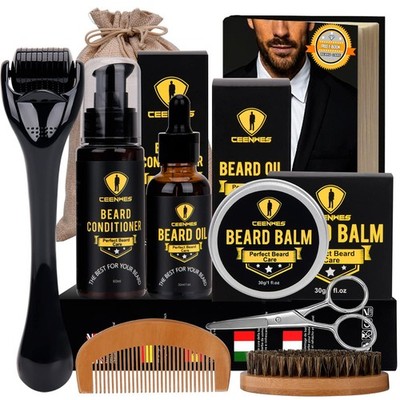 Upgraded Beard Grooming Kit - Conditioner, Oil, Brush, Comb, Balm, Scissors, ...