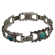 Vintage Native American Navajo Sterling Silver Green Turquoise Link Bracelet