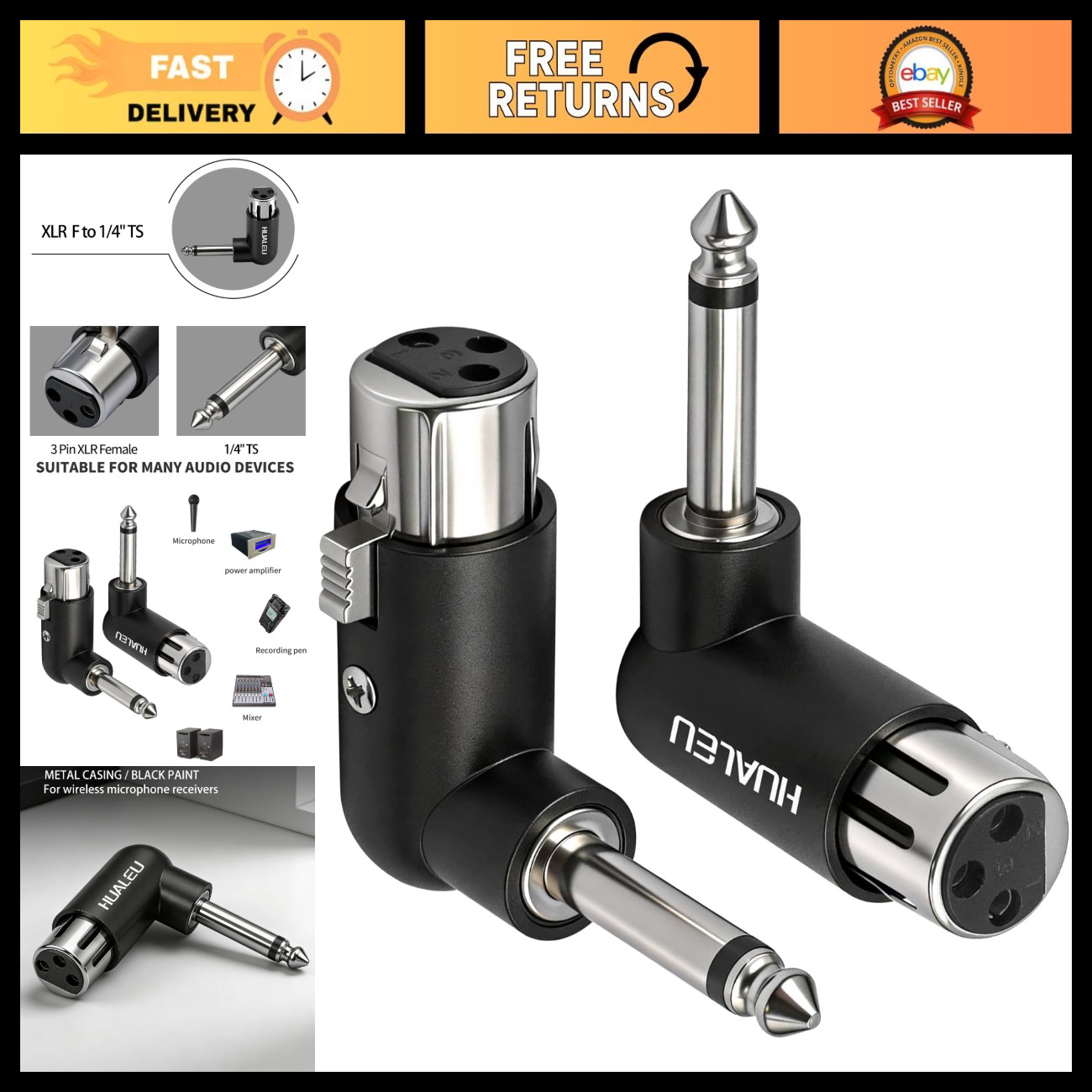 2-Pack 90 Degree XLR Female to 1/4" TS Right Angle Adapter - Low Profile Audio C