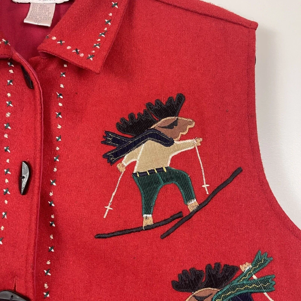 复古礼服 Barn 女式 1X 丑陋的圣诞红色背心羊毛混纺滑雪驼鹿 90 年代新奇 — 第 2/4 张图片