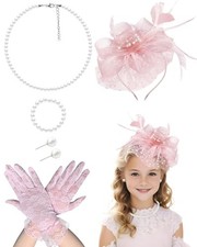 Girls Tea Party Fascinators Hats with Lace Gloves Pearl Necklace Blush Pink