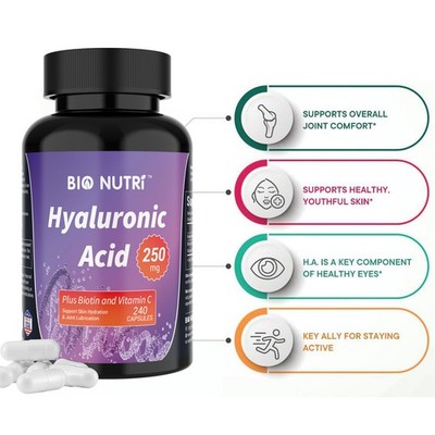 Hyaluronic Acid 250mg - 240 Capsules | With Vitamins C & Biotin for Skin Health
