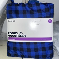 Room Essentials Sheet Set Twin XL Microfiber Blue Black Plaid Wrinkle Resistant