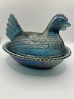 Blue Iridescent Glass Hen on Nest Covered Bowl Carnival Glass Vintage