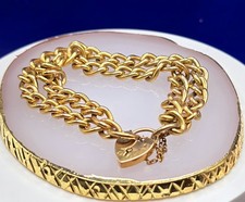 9ct Gold Antique Heart Padlocked Curb Linked Bracelet And Safety Chain