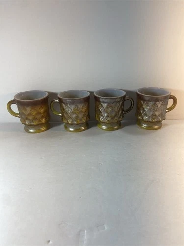 4 Vintage Anchor Hocking Fire King Kimberly Diamond Mugs - Brown