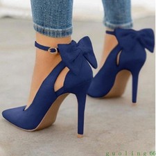 Women's Pointed Toe Stiletto Pumps Ankle Strap Bow Detail Heels wedding shoes
