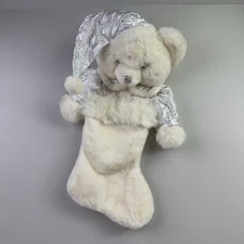 Vtg Christmas Stocking Silver Glittery White Teddy Bear Hat Plush 3D Silver 22”