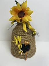 Handmade Twine Wrapped Beehive Decor w/ Sunflower, Bee Accents Ribbon