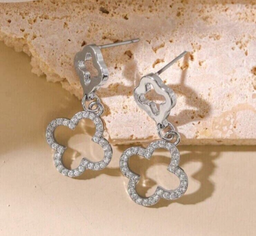 2.00Ct Round Cut Lab-Created Diamond Clover Dangle Earring 14K White Gold Plated - Picture 5 of 7