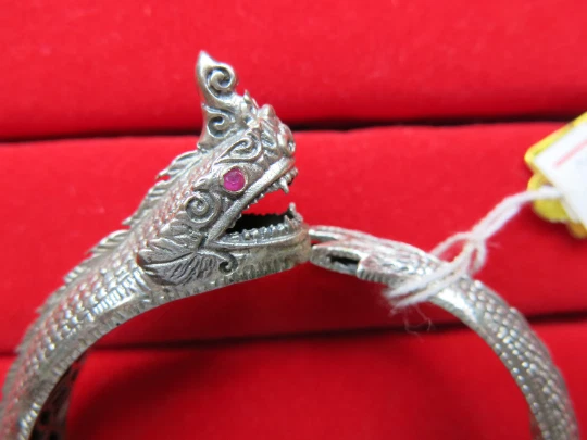 Dragon Naga Bangle Bracelet - 925 Sterling silver Silver with Pink Ruby Eyes - Image 3 of 4