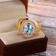 Natural Blue Topaz Gemstone With 18K Gold Plated Silver Ring For Men's #1203
