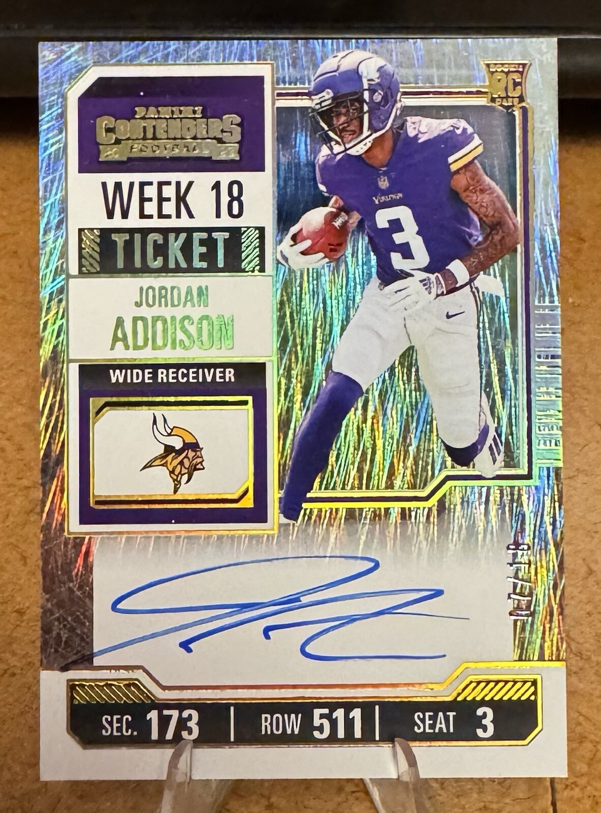 JORDAN ADDISON AUTO /18 2023 CONTENDERS WEEK 18 TICKET SHIMMER VIKINGS ROOKIE
