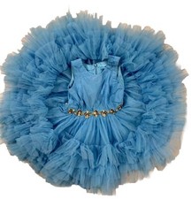 Vintage Toddler Blue Ruffle Full Circle Pageant Dress, Sheer, Sequined Sz 2-3T