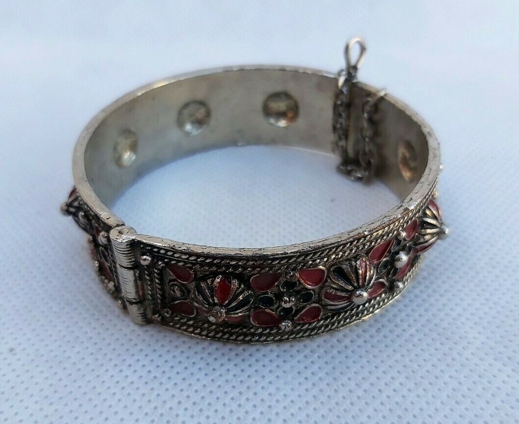 Vintage Solid Silver Tone Enamel Bangle Bracelet … - image 9