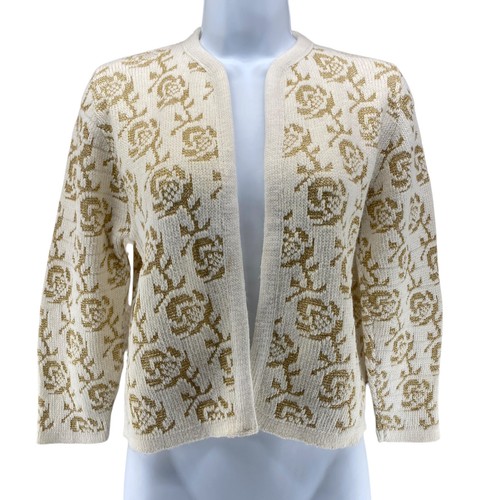 Sally Gee Vintage 50er Jahre Strickjacke Pullover Medium Ivory Gold Metallic Rose