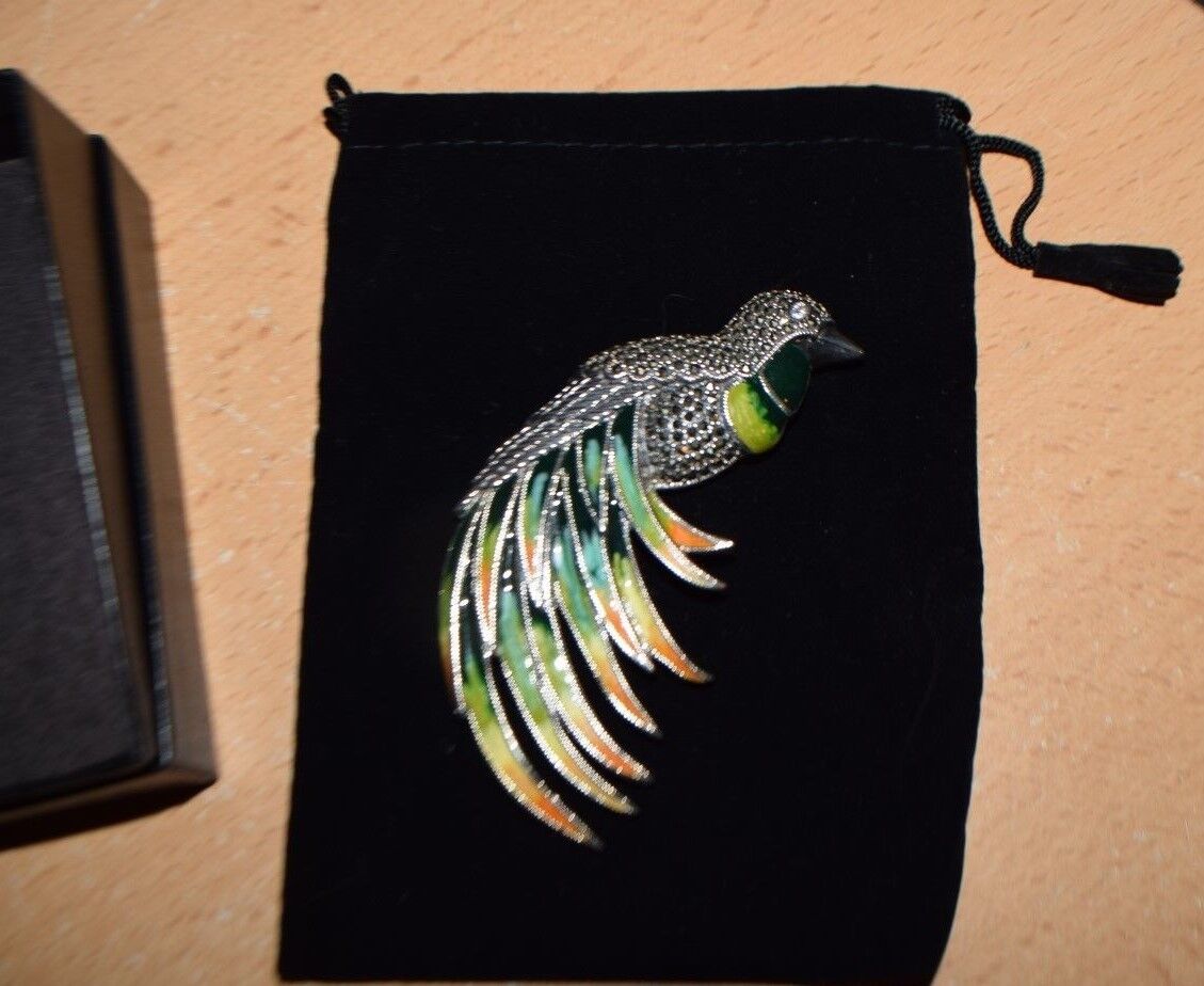 Gorgeous LARGE Bird Marcasite & Enamel Sterling Silver Brooch Pin NEW Popularna edycja limitowana