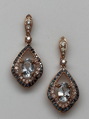 Ohrhänger 10 Karat Rotgold ovale Form Aquamarin und blau-weißer Diamant