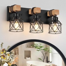 3-Light Farmhouse Vanity Light Wood Bathroom Fixtures Over Mirror Cage Shade