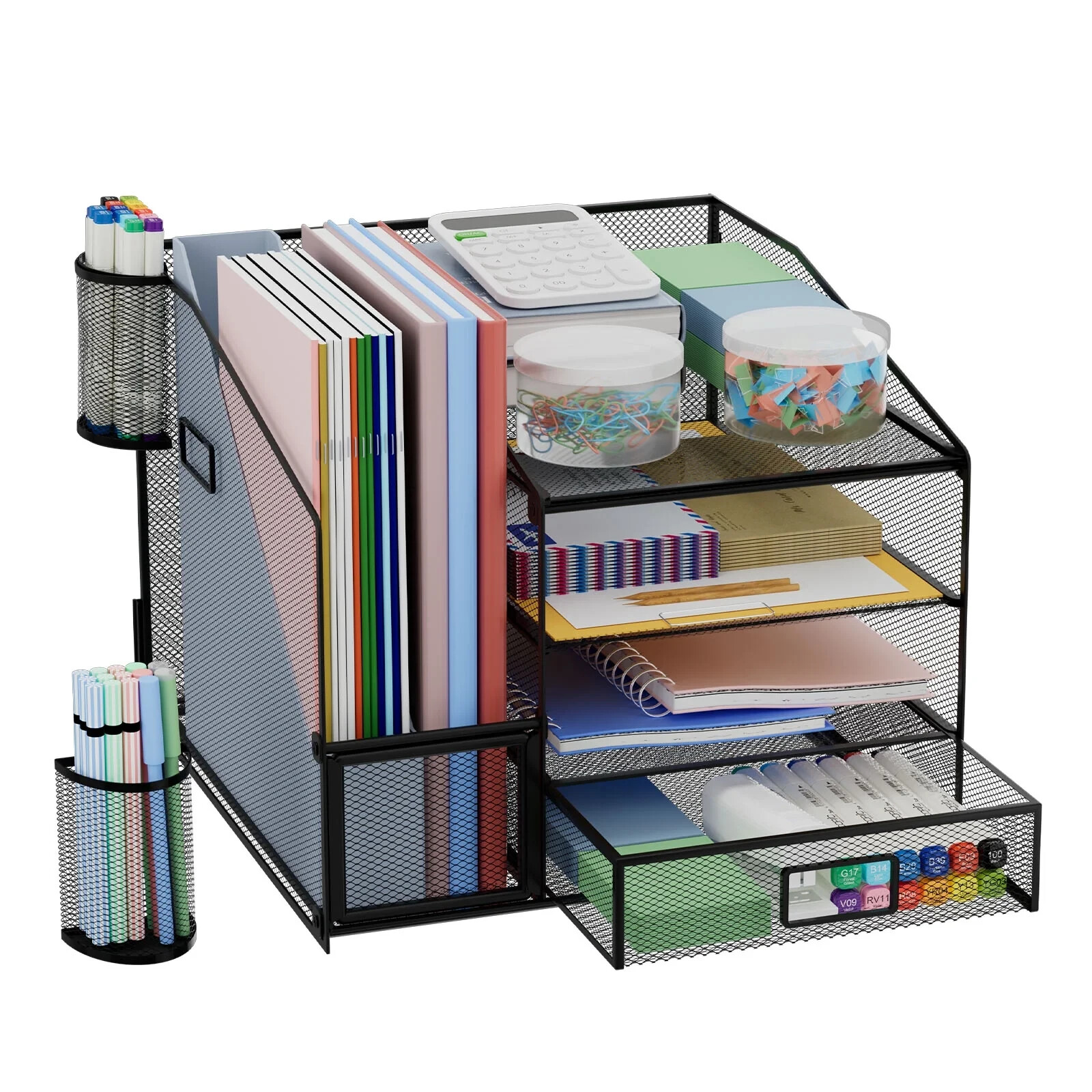 4-Tier Mesh Desk Organizer with 2 Hanging Pen Holders and File Storage-image