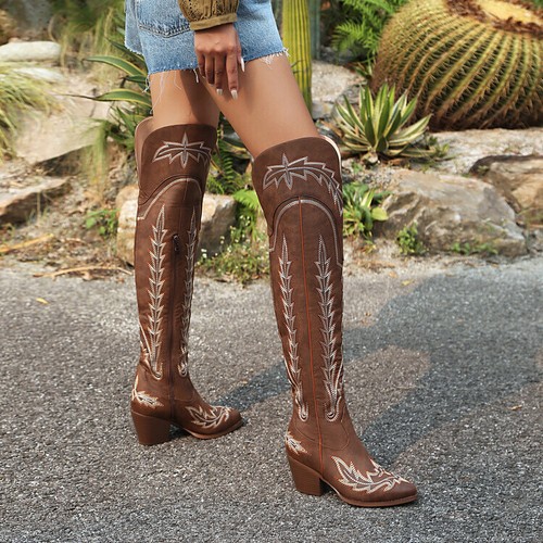 Womens Chic Pointy Toe Block Heel Embroidery Over Knee Western Boots Shoes - Picture 2 of 15