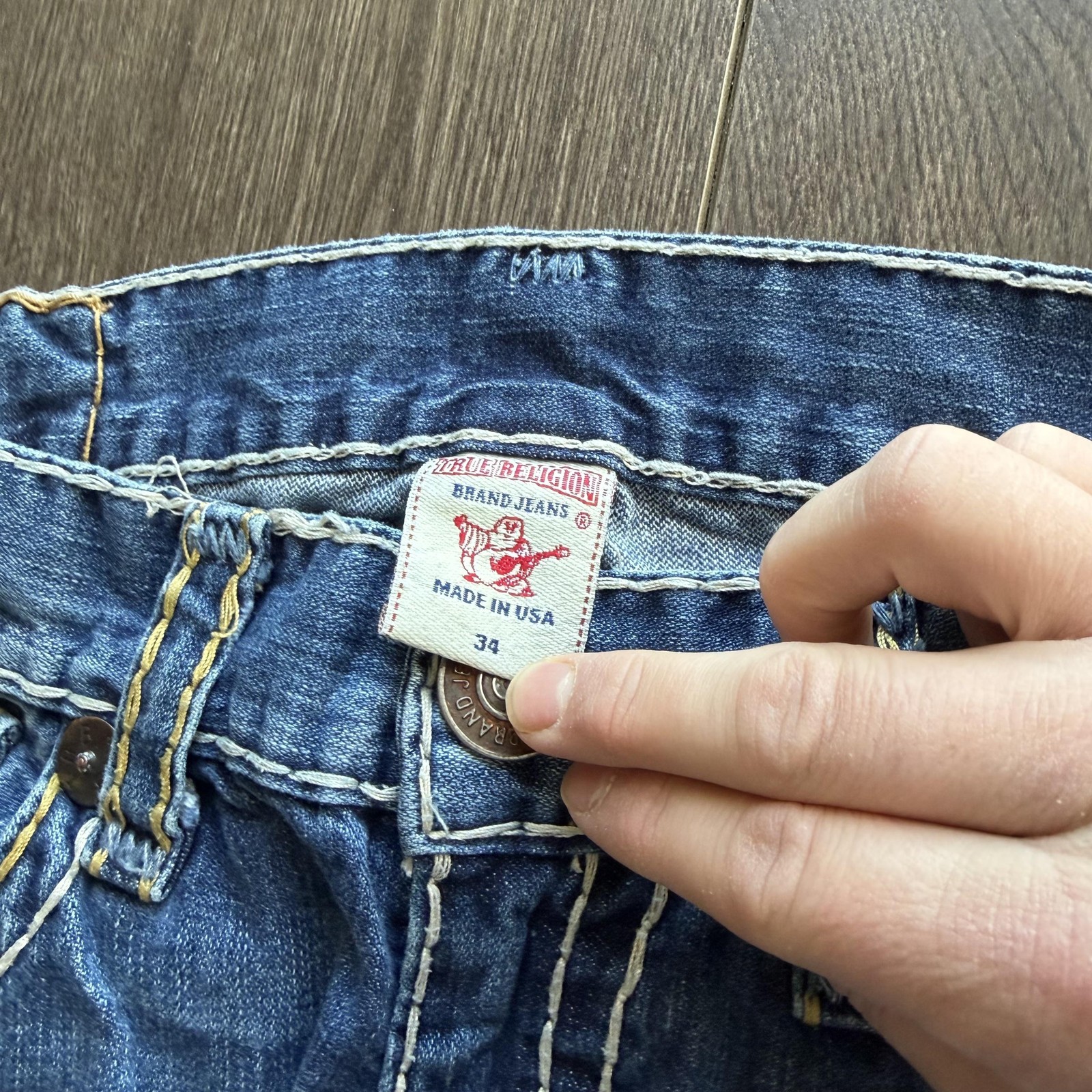 Y2K True Religion Ricky Jeans Mens 36x33 Blue Straight Leg Distressed Denim USA thumbnail 5